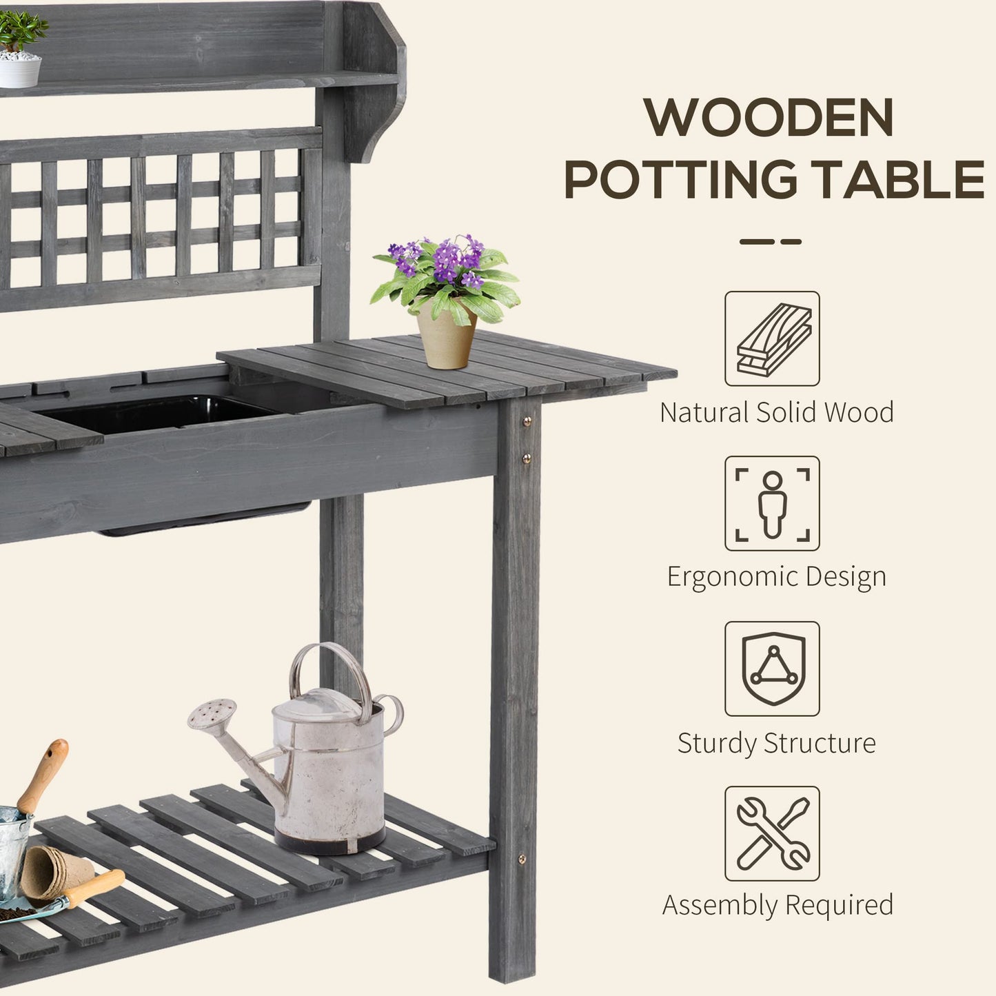 Outsunny Outdoor Potting Bench Table, Wooden Workstation with Sliding Tabletop, Storage Shelf and Dry Sink, for Greenhouse, Garden, Patio, Gray - WoodArtSupply