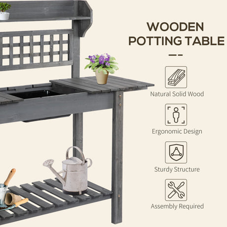 Outsunny Outdoor Potting Bench Table, Wooden Workstation with Sliding Tabletop, Storage Shelf and Dry Sink, for Greenhouse, Garden, Patio, Gray Outsunny