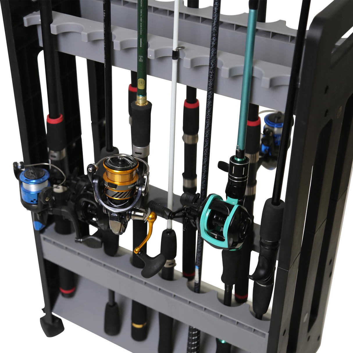 JOYWAVE Fishing Rod Holder,Fishing Pole Holders for Garage,Plastic Fishing Rod Rack,16-Slots,Portable Wheels JOYWAVE