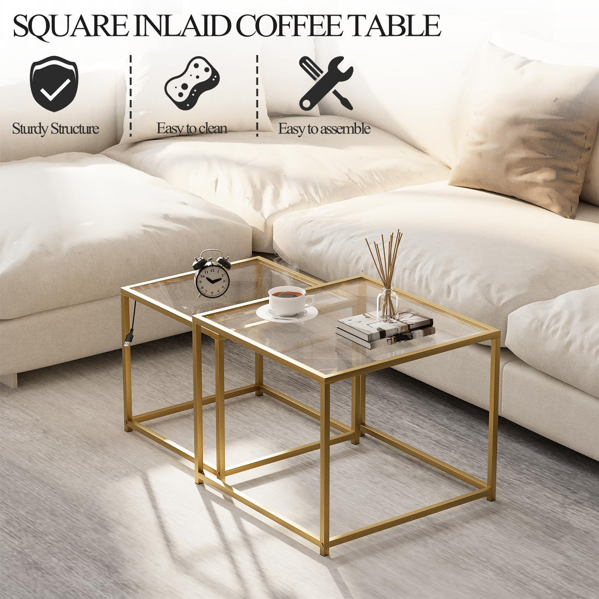 Nesting Coffee Table Set of 2, Gold Glass Coffee Tables, Square Center Coffee Table for Living Room,Nesting Tables with LED Lights for Home, Office, Bedroom, Tempered Glass-top with Sturdy Metal Frame Adompacat