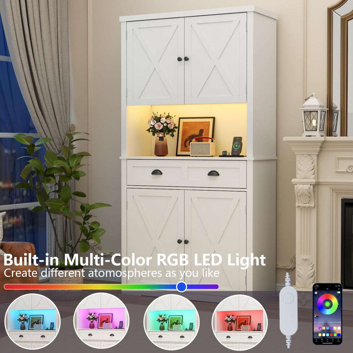 Loomie 72" Farmhouse Kitchen Pantry Cabinet With LED, Operation Table & Power Outlet, Tall Storage With Drawer, Adjustable Shelves for Dining Room (White) Loomie