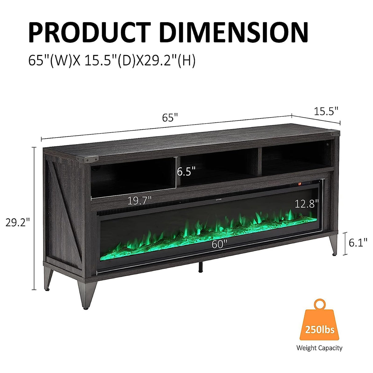 AMERLIFE 65" Fireplace TV Stand with 60" Glass Electric Fireplace, Industrial & Farmhouse Media Entertainment Center with Open Shelve Storage for TVs Up to 75", TV Console for Living Room, Gray AMERLIFE