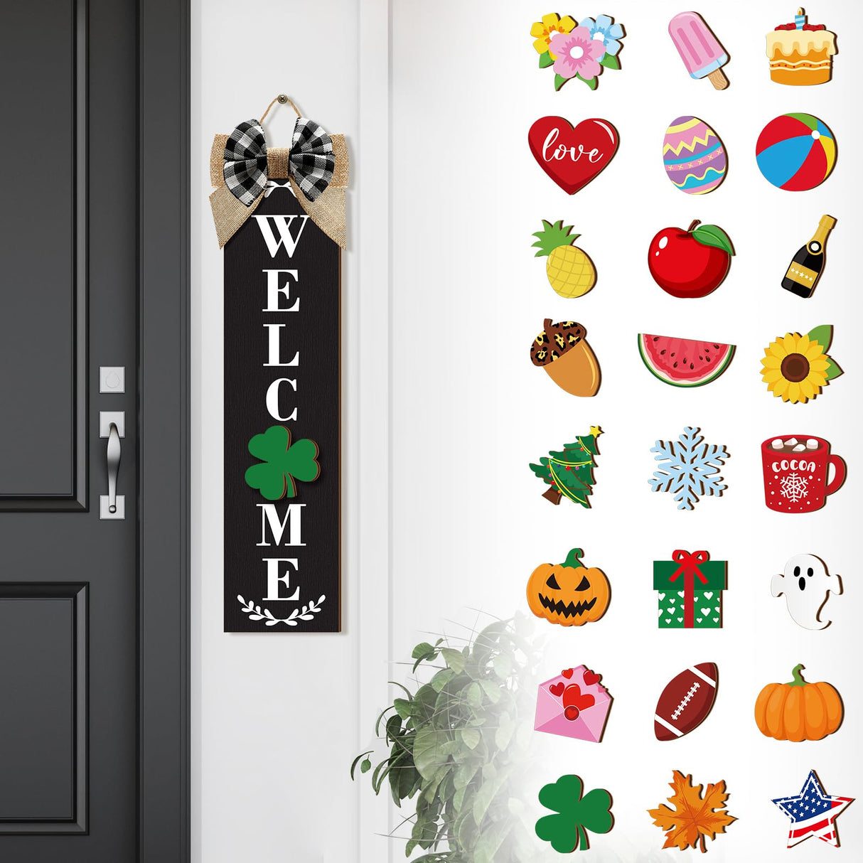 Sintuff Welcome Sign for Front Door Interchangeable Porch Sign with 24 Pcs Holiday Icons Home Farmhouse Welcome Outdoor Seasonal Rustic Sign for Spring Easter St Patrick's Day(Black) Sintuff