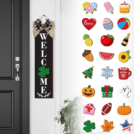 Sintuff Welcome Sign for Front Door Interchangeable Porch Sign with 24 Pcs Holiday Icons Home Farmhouse Welcome Outdoor Seasonal Rustic Sign for Spring Easter St Patrick's Day(Black) Sintuff
