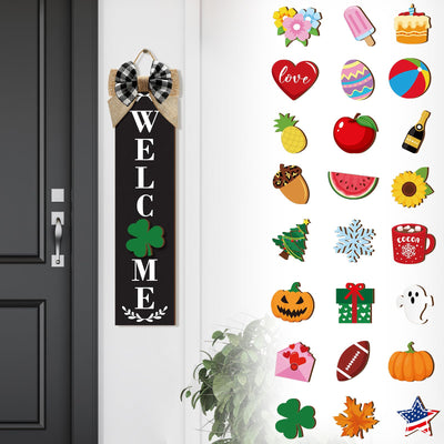 Sintuff Welcome Sign for Front Door Interchangeable Porch Sign with 24 Pcs Holiday Icons Home Farmhouse Welcome Outdoor Seasonal Rustic Sign for Spring Easter St Patrick's Day(Black)