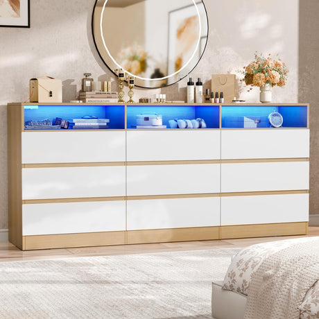 STIKELY 9 Drawer Dresser for Bedroom with Power Outlet and LED Light, Dresser Chest of Drawers for Closet, Modern Dressers Organizer Cabinet for Living Room, Entryway, Hallway STIKELY