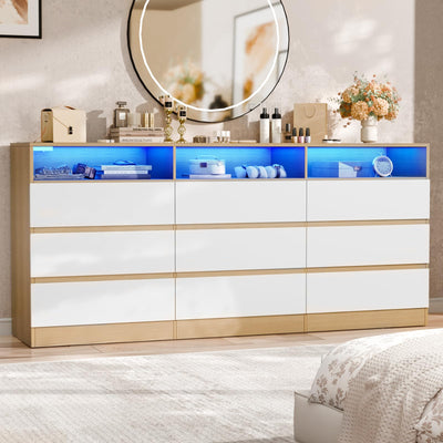 STIKELY 9 Drawer Dresser for Bedroom with Power Outlet and LED Light, Dresser Chest of Drawers for Closet, Modern Dressers Organizer Cabinet for Living Room, Entryway, Hallway