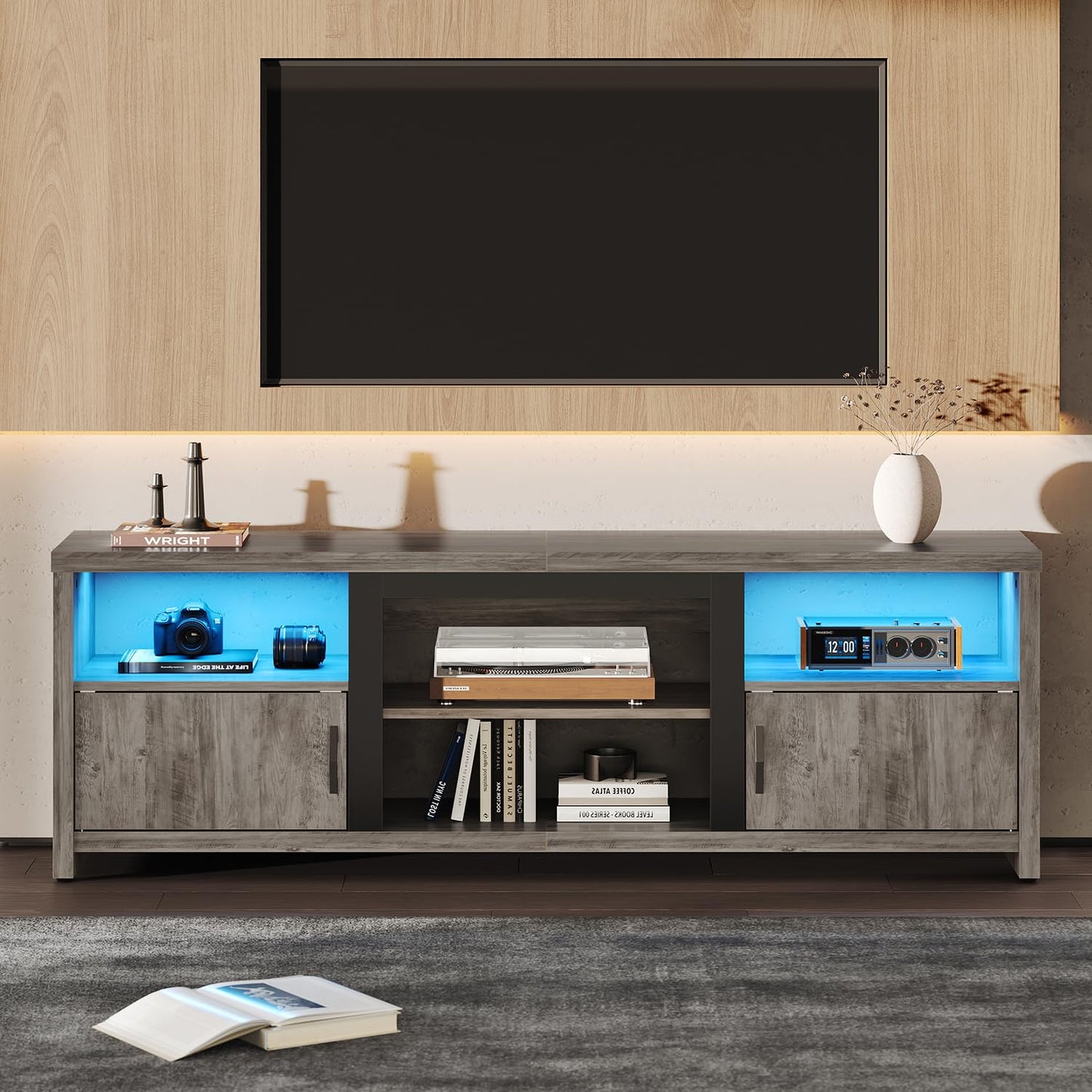 Bestier TV Stand with LED Light for TVs up to 80 Inch, Farmhouse Entertainment Center with Adujstable Shelf and Storage Cabinets, Wood TV Console Table for Living Room Bedroom - Wash Grey