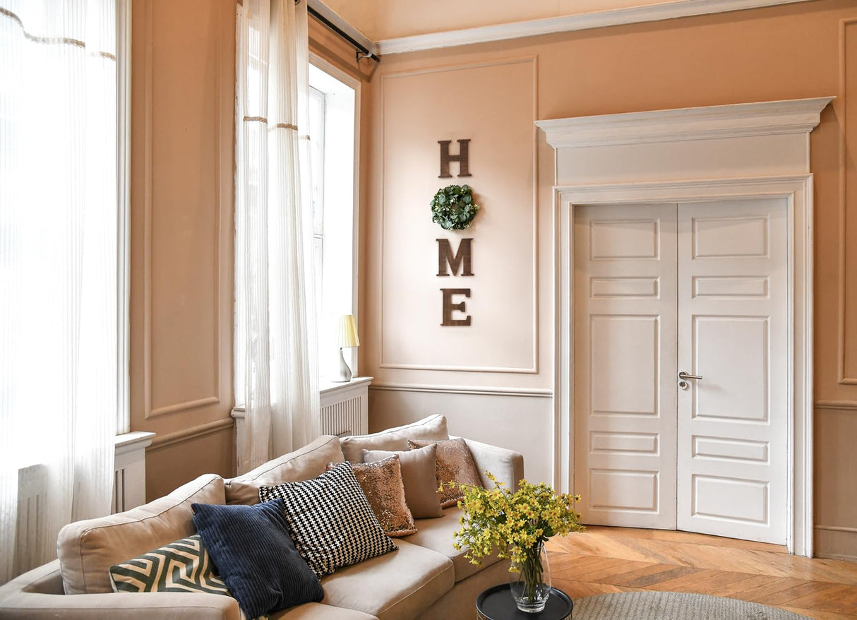 Mkono Farmhouse Wall Home Sign with Artificial Eucalyptus for O Rustic Wooden Hanging Letters Decorative Wall Art Decor for Living Room Kitchen Entryway Housewarming Gift, Brown Mkono