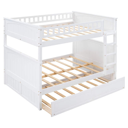 SOFTSEA Wooden Bunk Bed Full Over Full with Trundle for 3, Divided Into Two Separate Full Beds, White