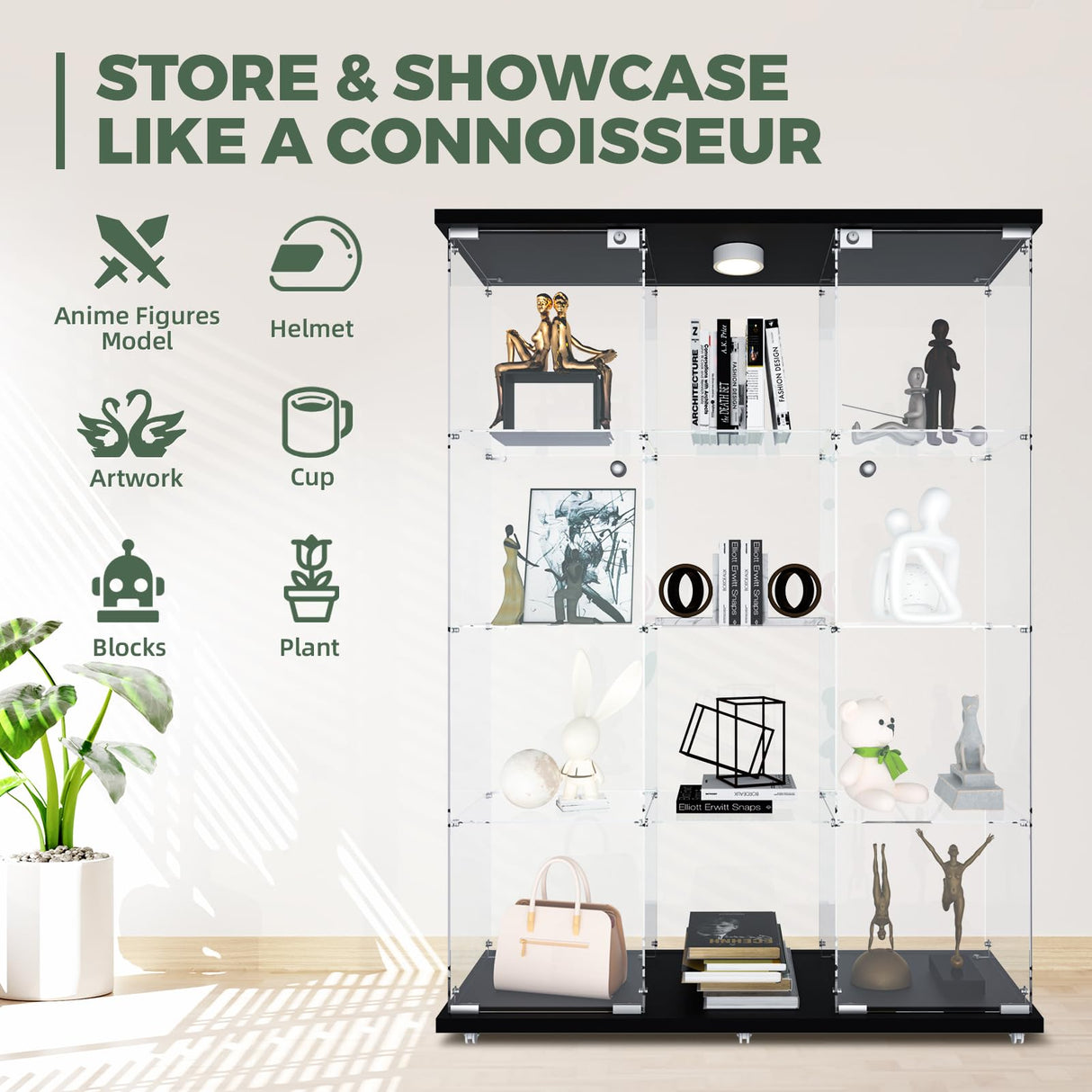 HAMBING Glass Display Cabinet with LED Light & Lock, 4 Shelves 3-Column Display Showcase, 2 Side Doors and Open Center Column, Tempered Glass Curio Cabinet for Bedroom, Living Room - Black HAMBING