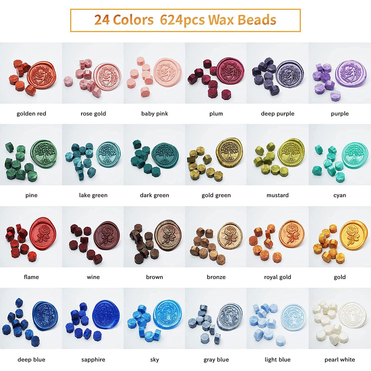 Comealltime Wax Seal Kit with Gift Box, 624 Pcs 24 Colors Sealing Beads, 2 Pcs Stamps, Sealing Wax Warmer, Metallic Pen, Envelope, Candles for Wedding Birthday Gift and DIY Craft, Sellado de Cera Comealltime