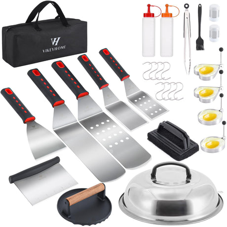 VIKEYHOME Griddle Accessories Kit, 28 Pcs Griddle Grill Tools Set, Professional Grill BBQ Spatula Set with Basting Cover, Spatula, Scraper, Bottle, Tongs, Egg Ring VIKEYHOME