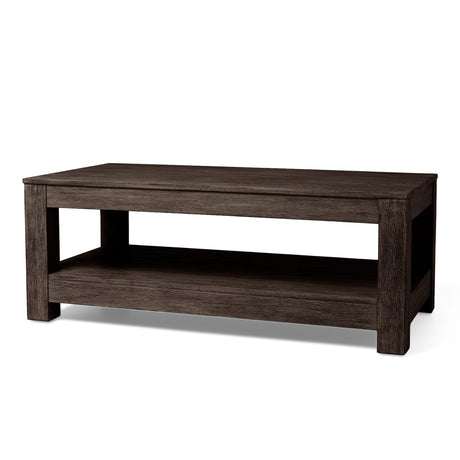 Maven Lane Paulo Large 2 Tier Rustic Rectangle Wooden Center Coffee Table with Shelf Storage for Living Room in Weathered Brown Finish Maven Lane