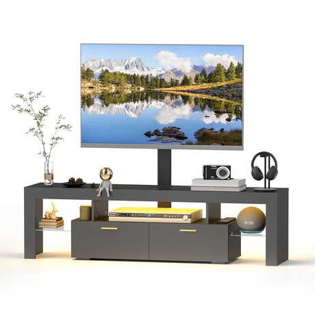 Redkey Modern TV-Stand with Mount - TV Console with 2AC Outlets - Television Stands with RGB Led Light for 70 75 80 Inch TVs - Double Cabinet - Open Glass Shelves - Pure Black Redkey