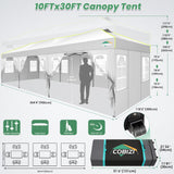 COBIZI 10x30 Pop Up Canopy with 8 Sidewalls, Canopy Tent for Parties, One Push Waterproof Commercial Wedding Canopy with Air Vent, UPF50+ Ez Outdoor Gazebo, Roller Bag, Sandbag, Stakes, Ropes, White COBIZI