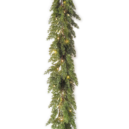 Treasborn Christmas Garland with Warm White 50 LED Lights 6FT Greenery Garland Decorations for Winter Holiday Mantle Stairs Table Outdoor Artificial Pine and Cypress Garlands, Batteries Operated