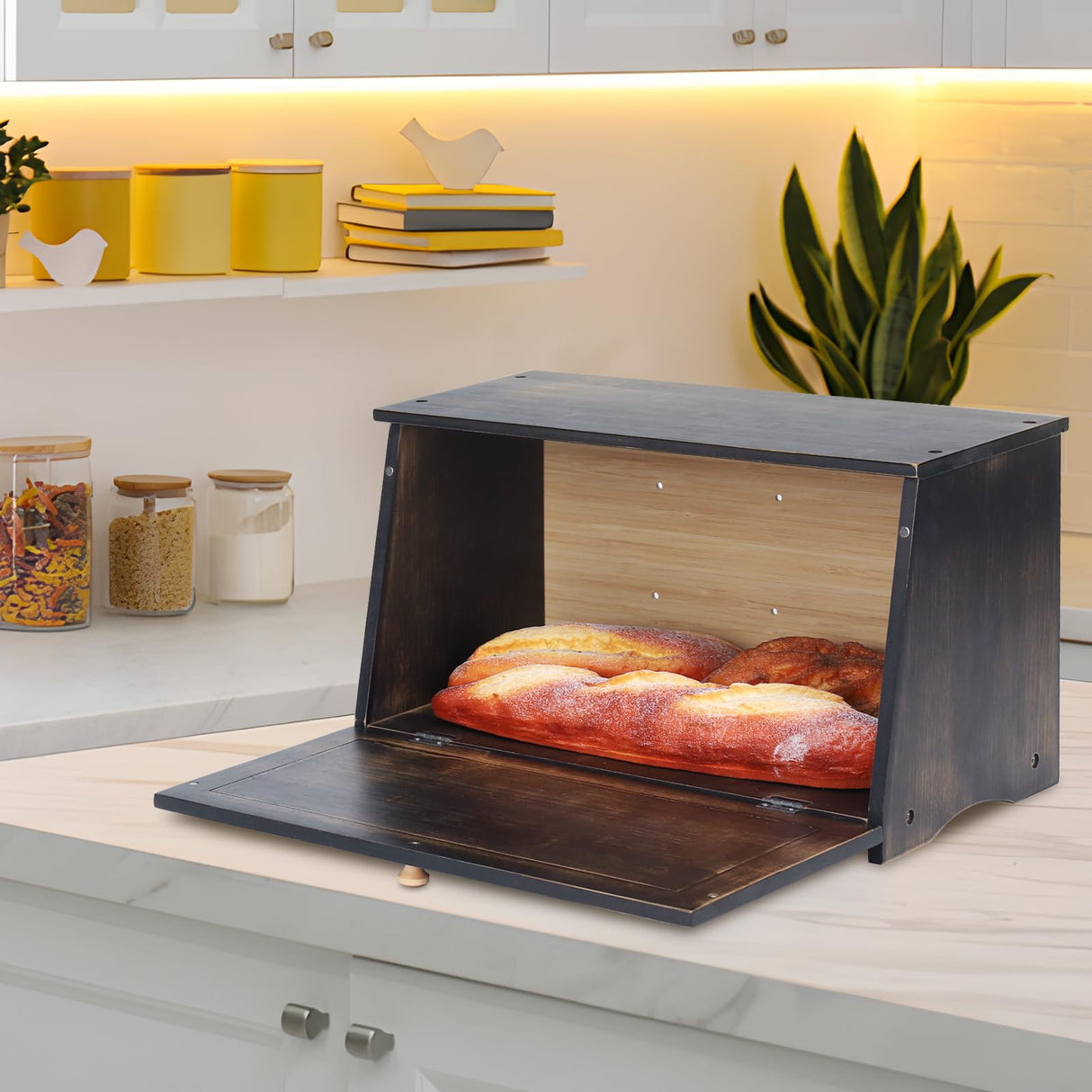 HOMEKOKO Large Wood Bread Box for Kitchen Counter, Retro Design Single Layer Bamboo Large Capacity Food Storage Bin (Vintage Black) HOMEKOKO