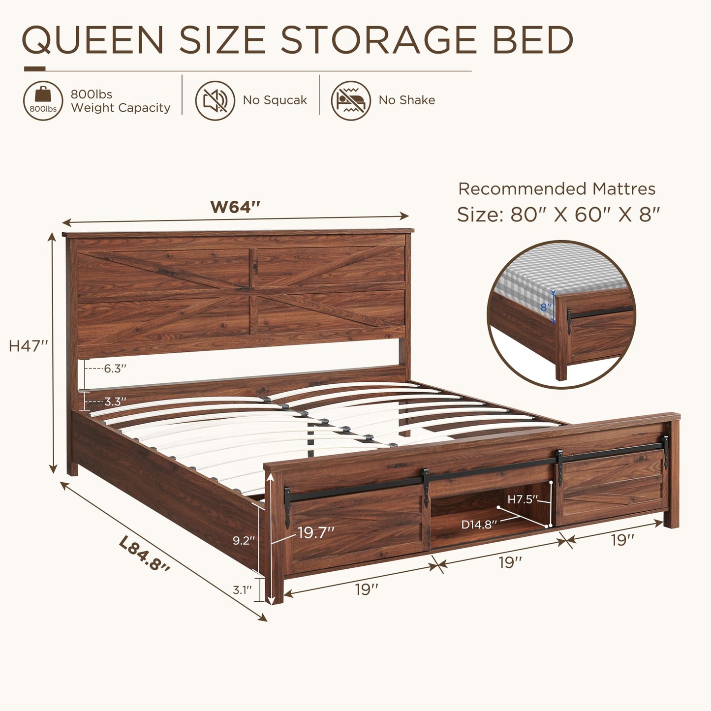 Farmhouse Queen Size Wood Bed Frame with Sliding Barn Door Storage and Solid Slats Support, Brown - WoodArtSupply