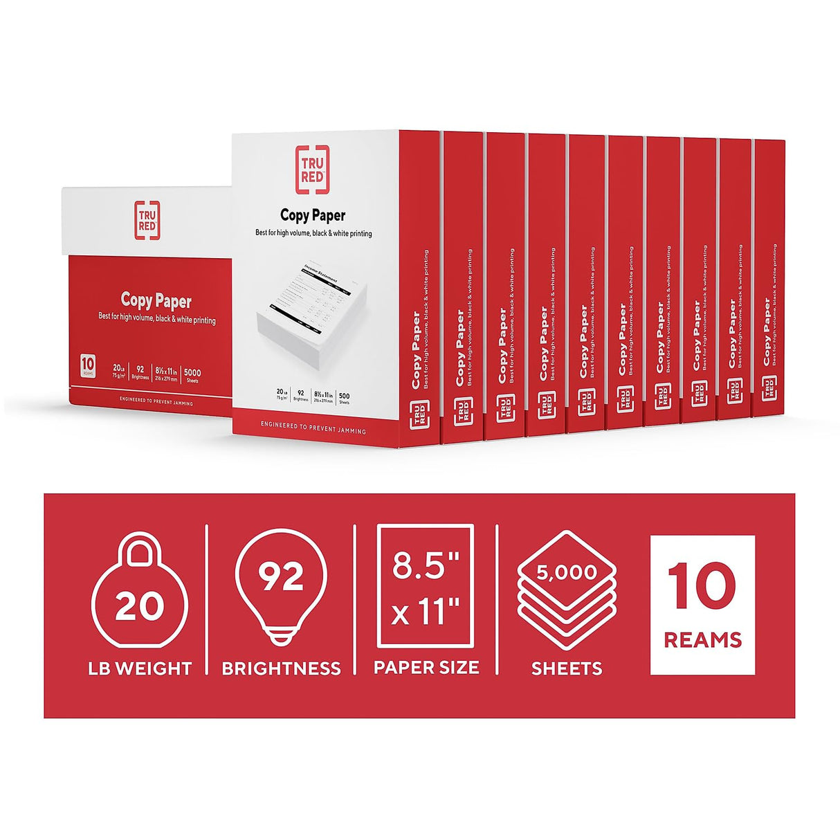 TRU RED 8.5" x 11" Copy Paper, 20 lbs., 92 Brightness, 500 Sheets/Ream, 10 Reams/Carton (TR56958) STAPLES