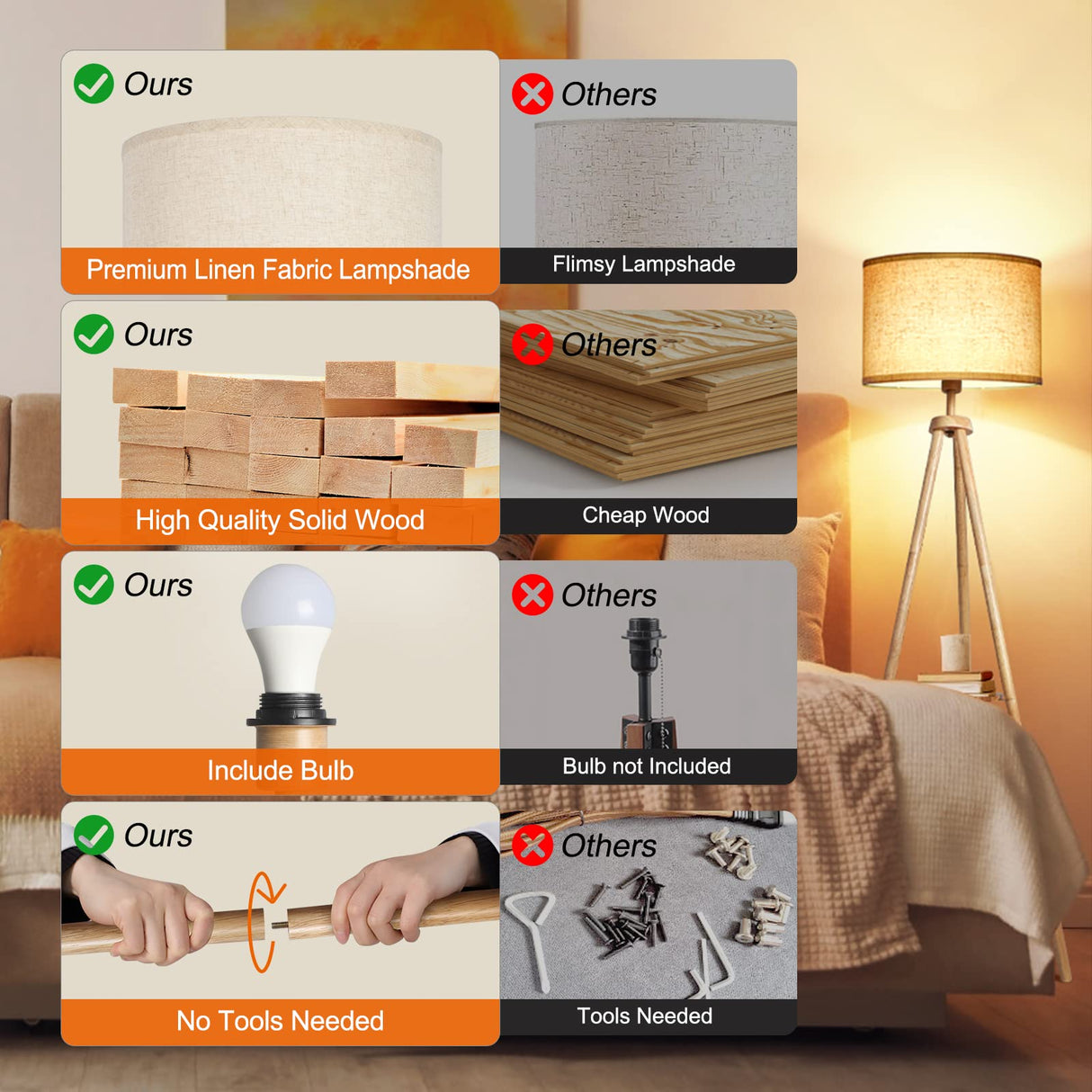 OUTON Wood Tripod Floor Lamp with Shelves, Mid Century Floor Lamp with Remote Control,4 Color Temperature, LED Modern Dimmable Standing Lamp with Beige Linen Shade for Living Room, Bedroom, Office OUTON