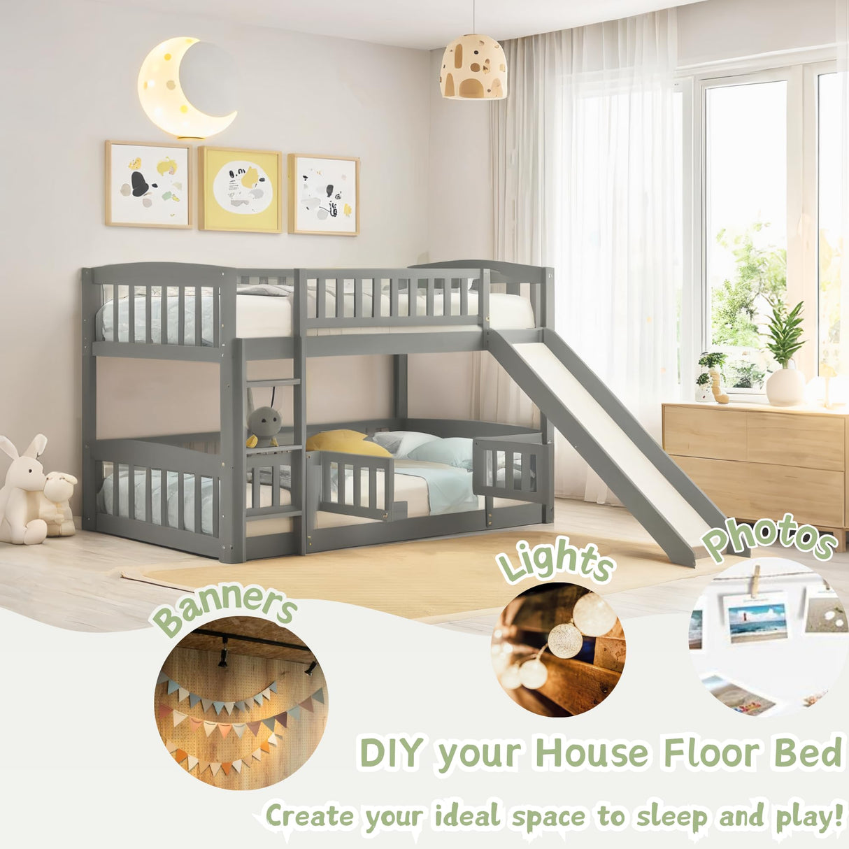 Low Bunk Bed with Slide Twin Over Twin Bunk Beds for Kids Toddlers, Wood Floor Beds Frame with Rails for Boys Girls Teens, Gray Bellemave