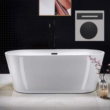 WOODBRIDGE 67" Acrylic Freestanding Bathtub Contemporary Soaking Tub, White Acrylic (Matte Black Drain/Overflow), B0013-MB-Drain &O WOODBRIDGE