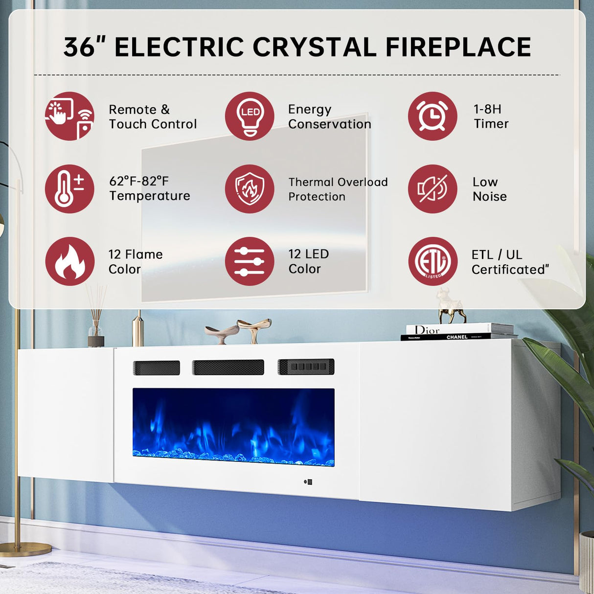 oneinmil 70" Floating Fireplace TV Stand with 36" Electric Fireplace, Wall Mounted Floating Entertainment Center with Storage, TV Console with Fireplace, Floating TV Cabinet, All White oneinmil