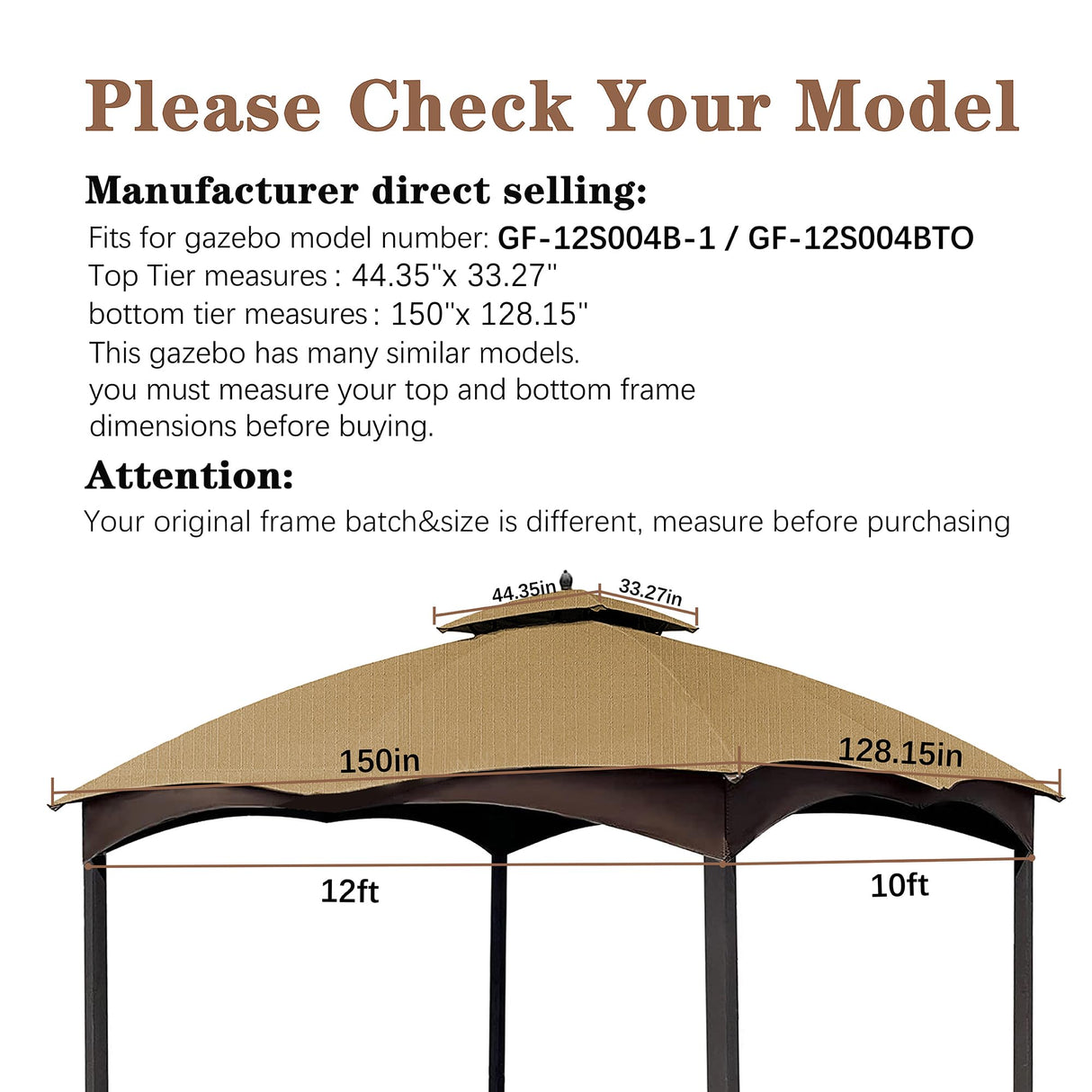 SCOCANOPY Beige Ripstop Replacement Top for Lowe's Allen Roth 10X12 Gazebo Model #GF-12S004B-1/ GF-12S004BTO/TPGAZ17-002C SCOCANOPY