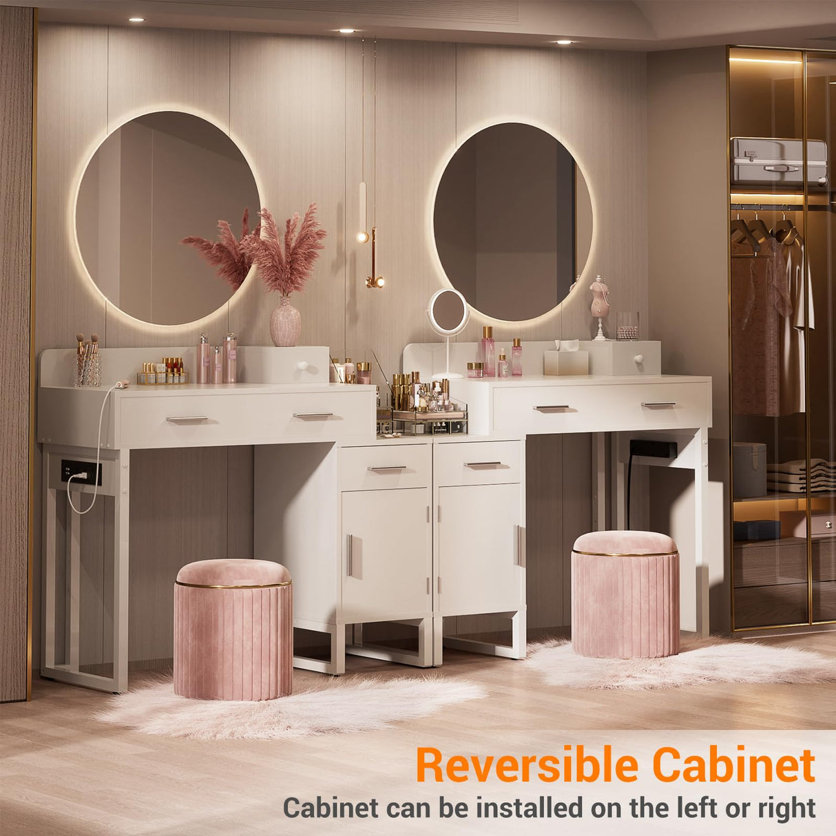 Vanity Desk with 4 Storage Drawers - Modern Makeup Vanity Table with Charging Station, White Vanity Desk with Reversible Cabinet Dressing Table Set with Divided Organizers for Women Girls, White Besiost