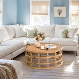 RUSTOWN Farmhouse Round Coffee Table, French Country Sofa Tables,Rustic Soild Wood Finish with Openwork Pattern and Curved Frame Base, Boho Handcrafted Wooden Coffee Table for Living Room, Natural RUSTOWN