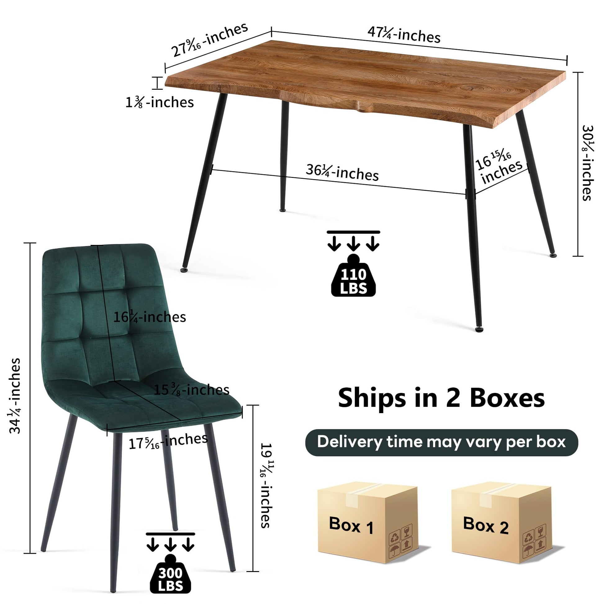 NORDICANA 5-Piece Dining Table Set, 47 in Modern Irregular Rectangle Kitchen Table & 4 Forest Green Velvet Upholstery Side Chairs, Metal Legs, Dining Room Set for 4 - WoodArtSupply