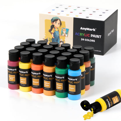 AnyMark Acrylic Paint, 24 Colors Acrylic Paint Set, 2 fl oz/60ml Bottles, Non Toxic Art kit Painting Supplies for Kids Adults Canvas,Rock,Wood - WoodArtSupply