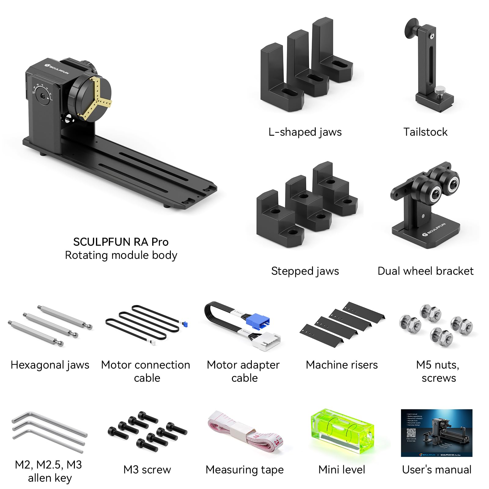 SCULPFUN RA Pro Rotary Chuck for Laser Engraver, 3 in 1 Multi-Function Laser Rotary Module with 180° Adjustable Angle, Y-axis Jaw Chuck Rotary for Engraving Cylindrical Objects,Tumbler, Ring - WoodArtSupply