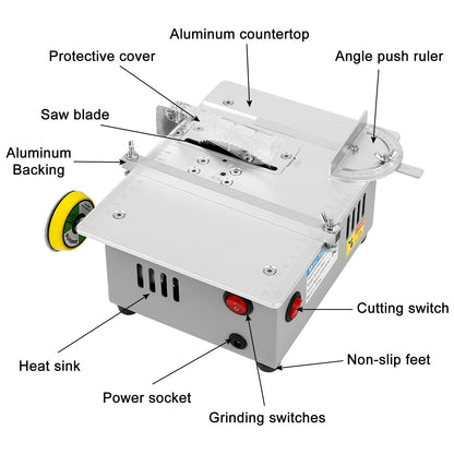 Mini Table Saw with Belt Grinder, 7-Speed Power Supply Adjustable Table Saw Portable Precision Table Saw with 4-Blades and Safety Flap, 0.1-20mm Saw Blade Height Adjustable, Aluminum - WoodArtSupply