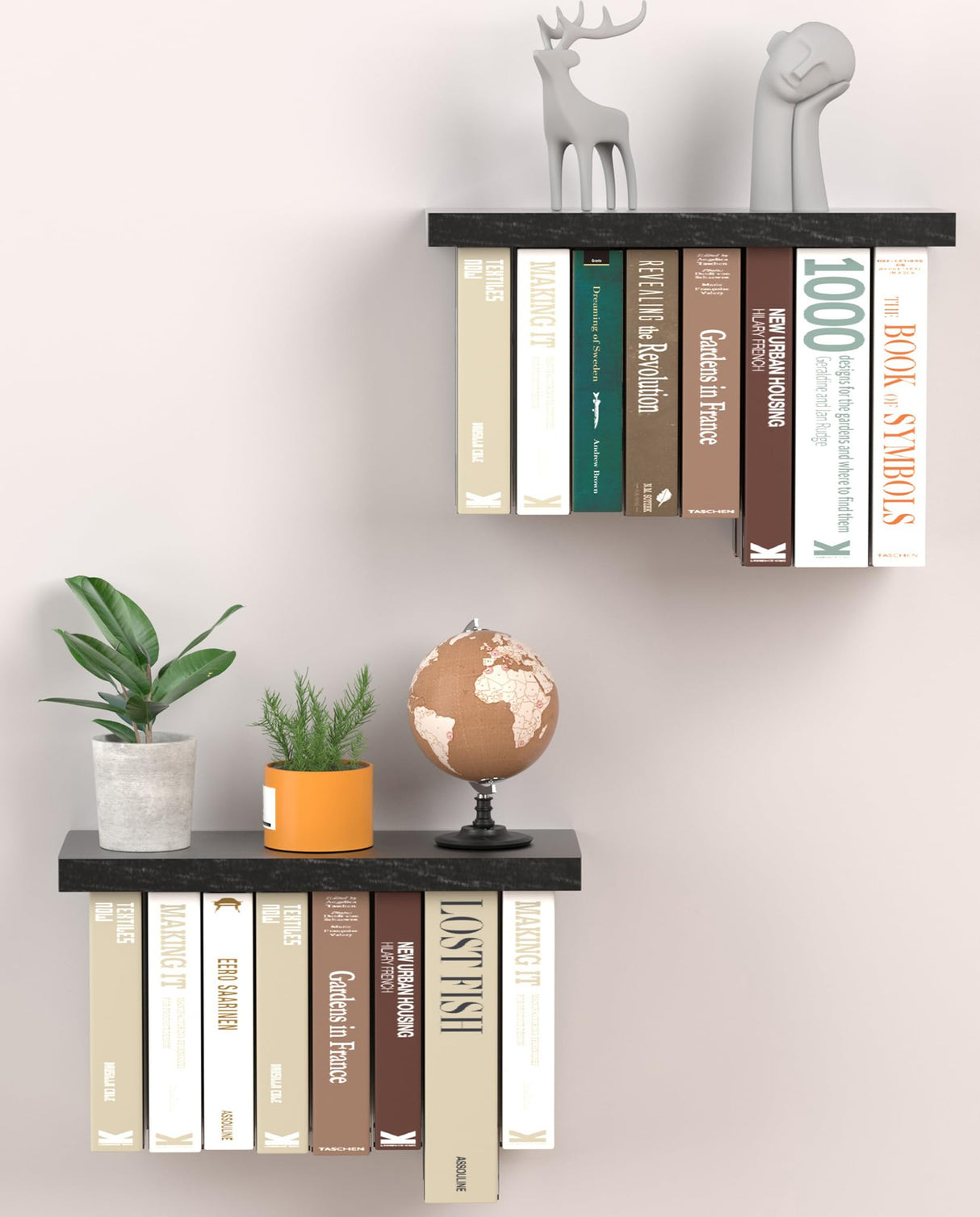 Tohiasen Floating Book Shelves for Wall Mounted Set of 2, Wood Hanging Bookshelf, Book Display Shelf for Wall, Unique Space Saving Book Shelf Wall Book Holder(Black) Tohiasen