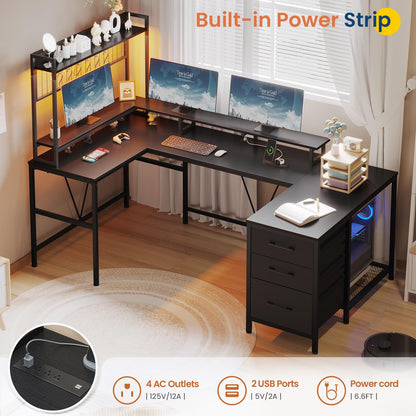 UPOSOJA U Shaped Gaming Desk with Hutch, 98.4in Reversible L Shaped Computer Desk with Power Outlets, Home Office Desk LED Light, Monitor Stand 3 Drawers Shelves 6 Hooks(Texture Black)