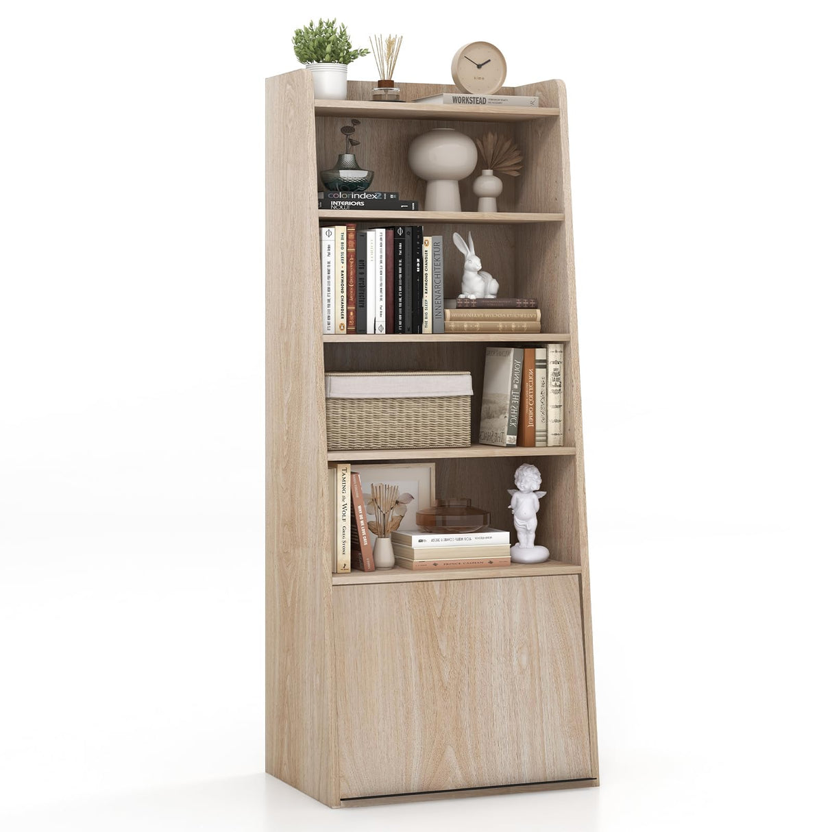 Tangkula Natural 6-Tier Bookcase with Adjustable Shelves and Flip-Up Door Tangkula