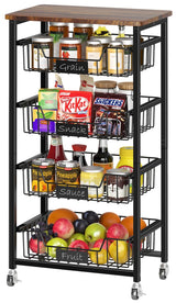XYZLVSI Kitchen Storage Cart with Wheels, 5-Tier Metal Utility Rolling Cart Fruit Vegetable Storage Basket Pantry Rack with Wood Top & Pull Out Baskets for Kitchen, Livingroom, Diningroom, Office XYZLVSI