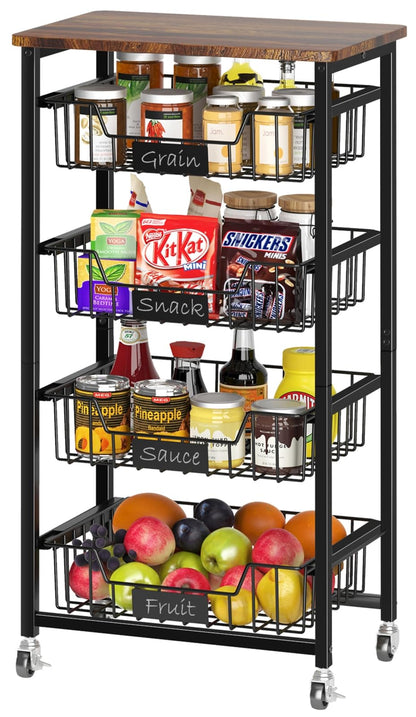 XYZLVSI Kitchen Storage Cart with Wheels, 5-Tier Metal Utility Rolling Cart Fruit Vegetable Storage Basket Pantry Rack with Wood Top & Pull Out Baskets for Kitchen, Livingroom, Diningroom, Office