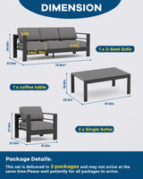 5 Seats Aluminum Patio Furniture Set, 4 PCS Outdoor Sectional Conversation Set with 4" Wide Armrest, Backyard Sectional Sofa Set with Coffee Table & Thick Cushions, Grey GAOMON