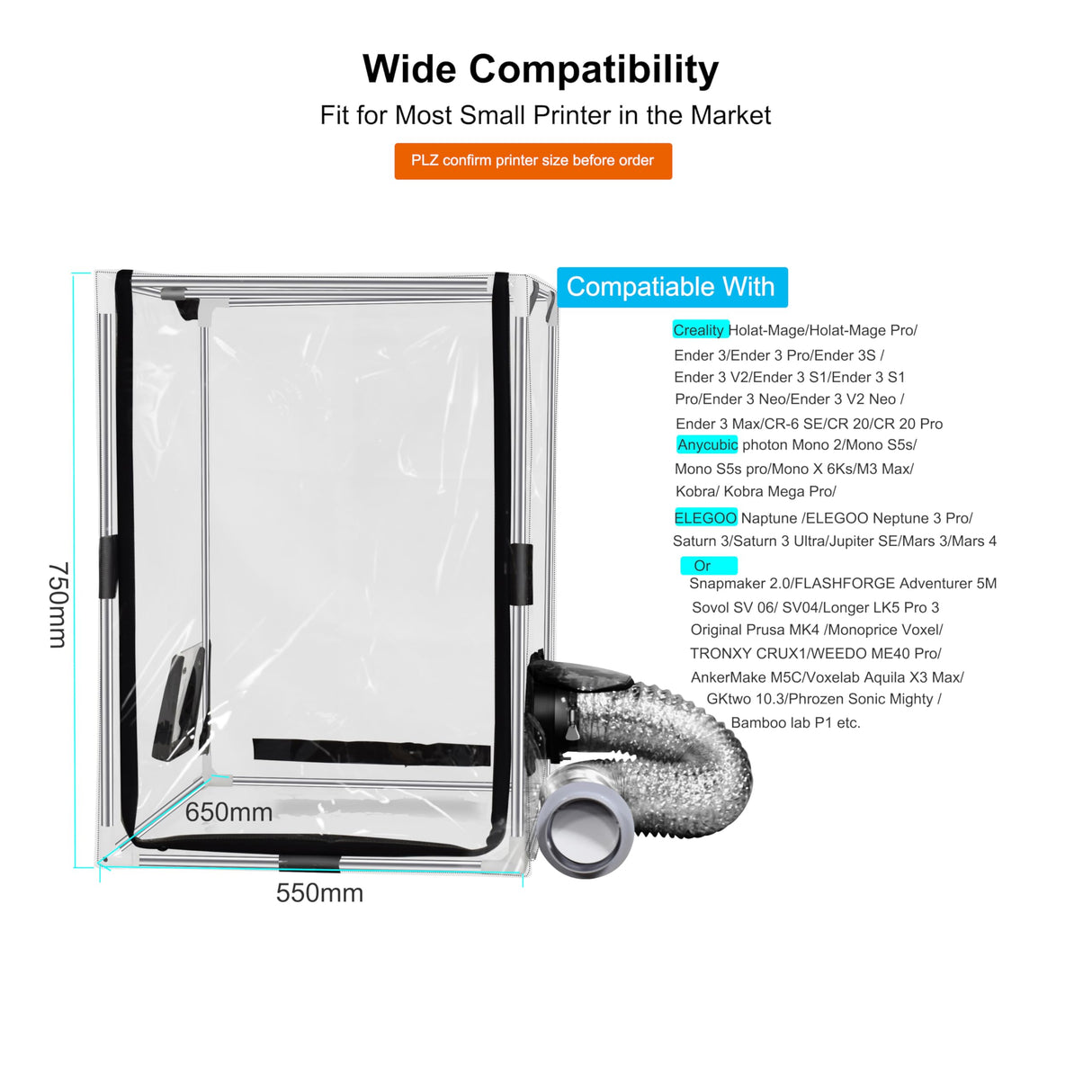 FUNGDO Transparent 3D Printer Enclosure Resin Printer Enclosure Clear TPU Protective Cover Dustproof Tent with Ventilation Fixing Port for FDM/LCD/DLP/SLA 3D Printer (T-Middle) FUNGDO