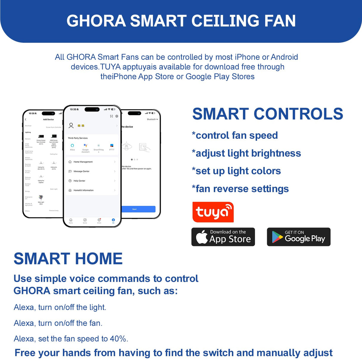 GHORA 52 Inch Ceiling Fans with Lights, Smart Ceiling Fan with Remote/APP/Alexa Control,Black Ceiling Fan with 6-Speeds Reversible Motor,WiFi Ceiling Fans for Bedroom,Farmhouse,Indoor/Outdoor GHORA