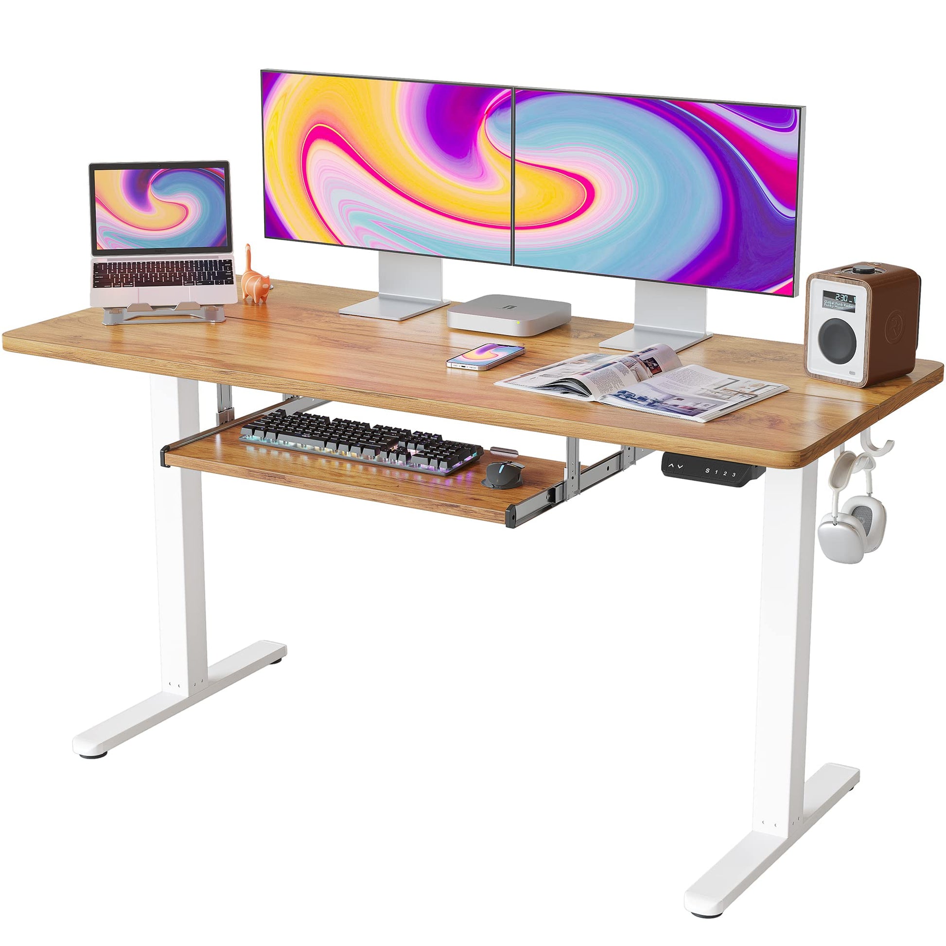 FEZIBO Standing Desk with Keyboard Tray, 55 × 24 Inches Electric Height Adjustable Desk, Sit Stand Up Desk, Computer Office Desk, Light Rustic - WoodArtSupply