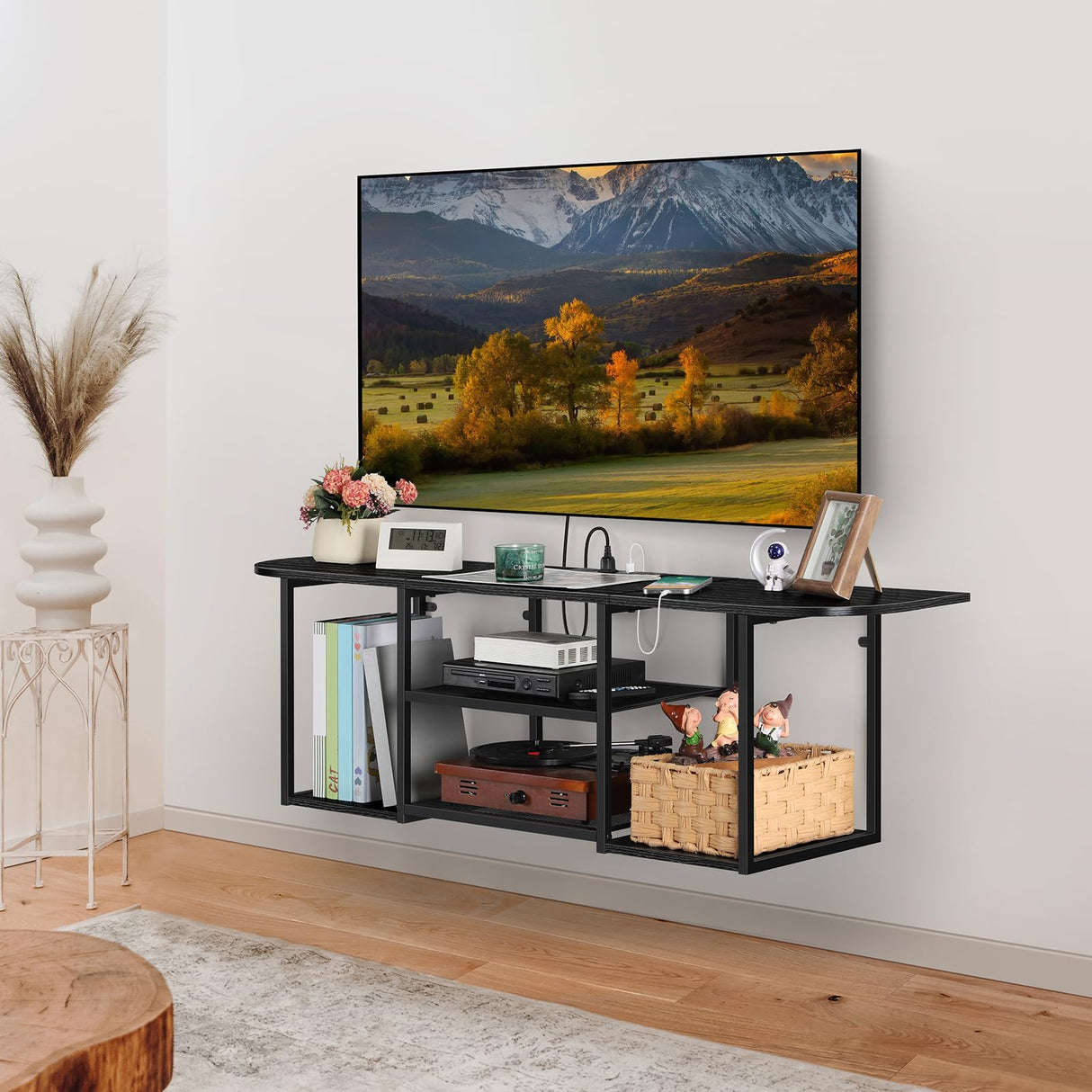 BTY Floating TV Shelf with Power Outlet, Black TV Console with USB Ports, Industrial Under TV Cabinet for 50 Inch TV, Modern Entertainment Center for Bedroom, Living Room BTY