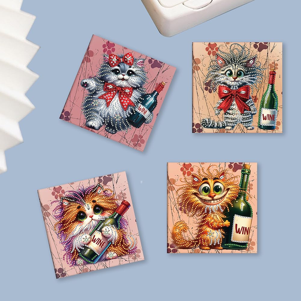 Ceitura 6Pcs Catoon Cat with Wine DIY Diamond Art Painting Crafts Rhinestone Painting Making Greeting Card Making Kit Postcard for Holiday Christmas New Year Party Favors 11.81 * 5.91 inch C'eitura