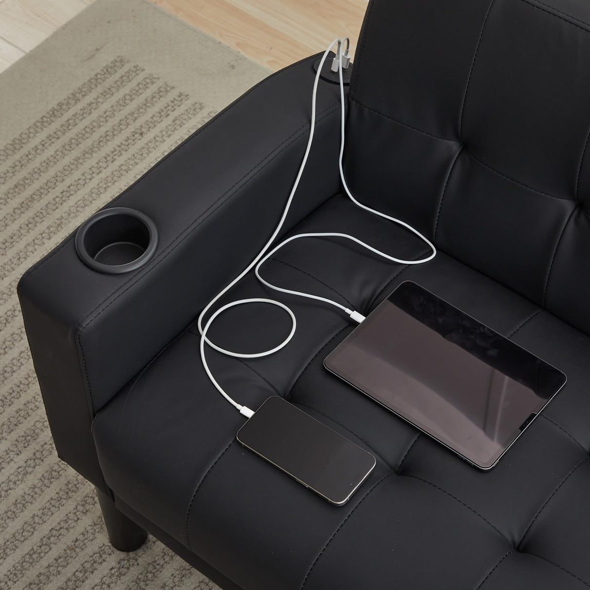 TYBOATLE Sofa Couch 62" W Loveseat w/ 2 USB Charger Ports & 2 Cupholders, Mid-Century Modern Tufted Small Love Seat Couches for Office, Living Room,Bedroom,Apartment,Dorm (3, Black) TYBOATLE