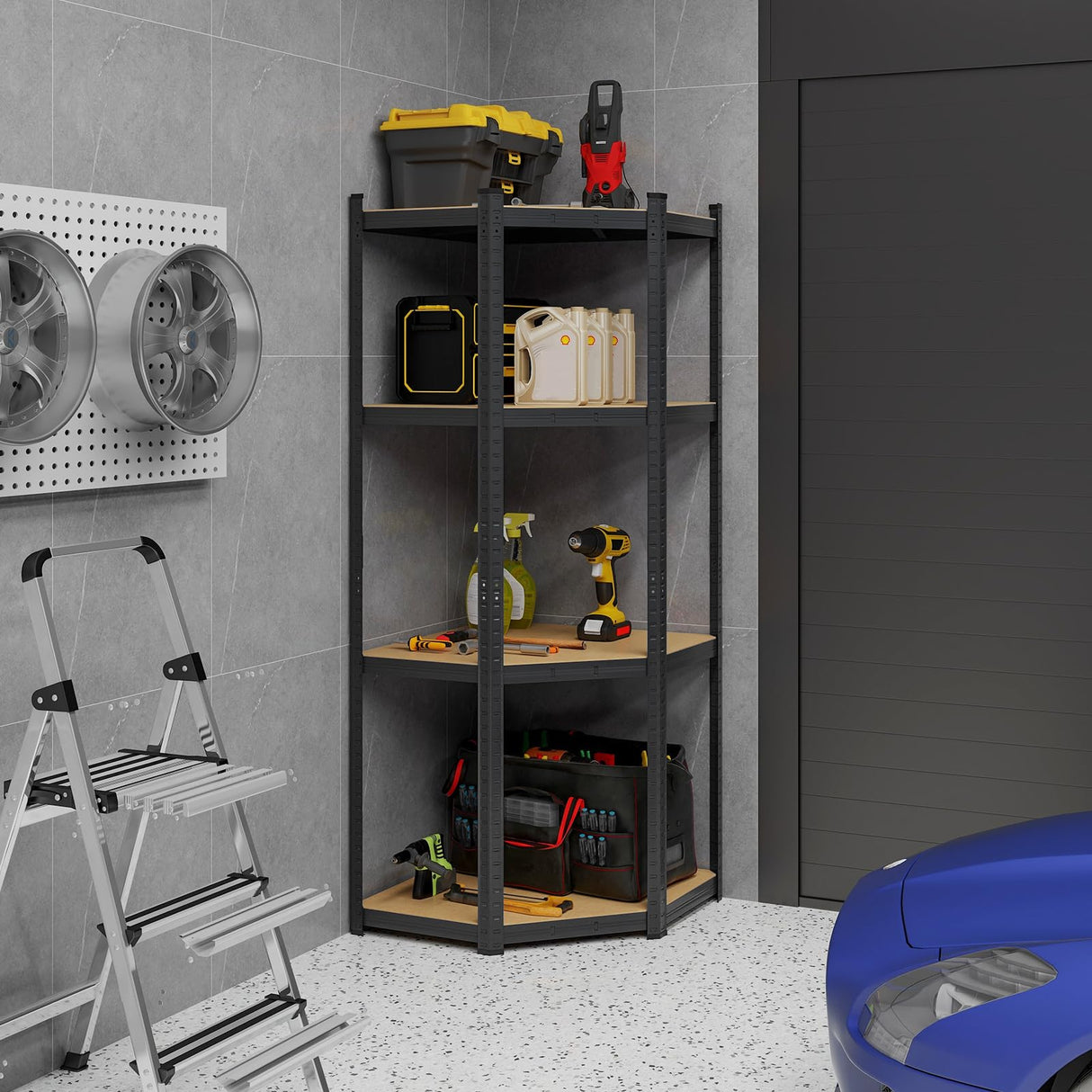 Tangkula 4-Tier Corner Shelving Unit, Adjustable Garage Storage Utility Rack, Load 1600 LBS Heavy Duty Metal Shelving Organizer for Warehouse, Pantry, Shed & Kitchen, 39”W x 31”D x 71”H (1, Black) Tangkula