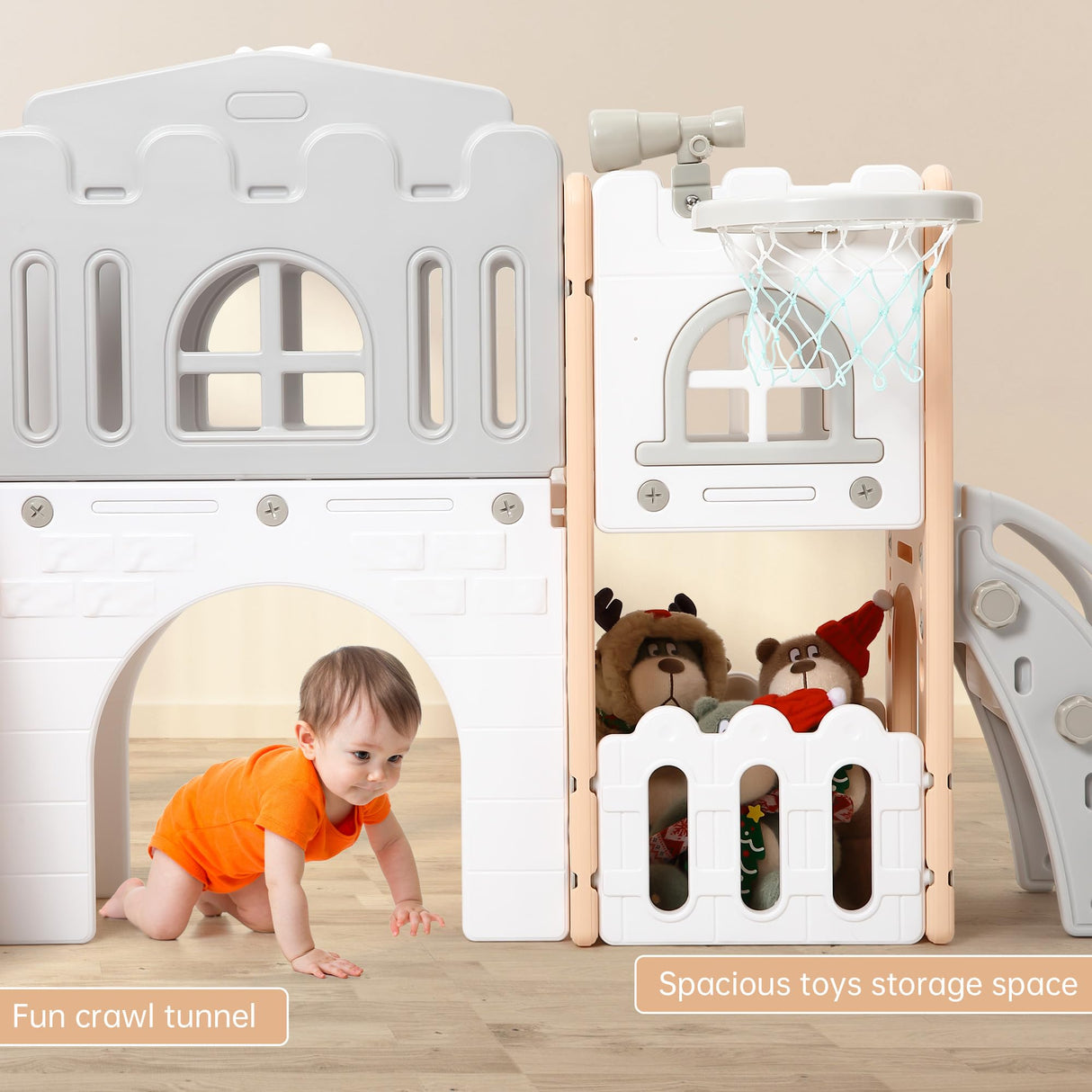 Toddler Slide 8 in 1 Toddler Playset for Toddlers Age 1-3，Baby Playset for Indoor Outdoor Playground with Climber, Crawling Tunnel, Basketball Hoop, Telescope, Toy Storage Garvee