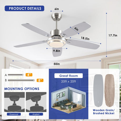 Ceiling Fans with Lights and Remote/APP Control,50“ Modern Ceiling Fan with Quiet Reversible DC Motor, 5 Dual Finish Blades,Dimmable 3-Color LED Fandelier for Indoor Bedroom,Livingroom Nickel Hounberi